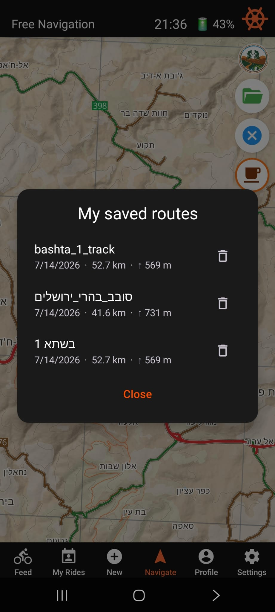 My saved routes list with distance and elevation gain per route